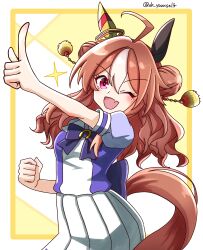 Rule 34 | 1girl, absurdres, ahoge, animal ears, ask yourself, clenched hand, copano rickey (umamusume), double bun, fang, hair between eyes, hair bun, hair ornament, highres, horse ears, horse girl, long hair, looking at viewer, one eye closed, open mouth, pointing, red eyes, school uniform, simple background, solo, tracen school uniform, twitter username, umamusume