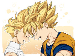 Rule 34 | 2boys, blonde hair, chinese clothes, dougi, dragon ball, dragonball z, closed eyes, father and son, forehead-to-forehead, grin, heads together, male focus, multiple boys, muscular, open mouth, petagon, smile, son gohan, son goku, spiked hair, super saiyan, super saiyan 1