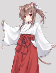Rule 34 | 1girl, animal ears, anz32, blush, brown hair, cat ears, cat girl, cat tail, closed mouth, commentary request, grey background, hair between eyes, hakama, hakama skirt, japanese clothes, kimono, long hair, long sleeves, looking at viewer, miko, nina (anz32), original, pinching sleeves, ponytail, red eyes, red hakama, ribbon-trimmed sleeves, ribbon trim, sidelocks, simple background, skirt, sleeves past fingers, sleeves past wrists, smile, solo, tail, twitter username, white kimono, wide sleeves