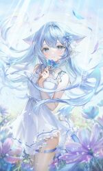 Rule 34 | 1girl, absurdres, animal ears, bare arms, blue eyes, blue flower, blue hair, blush, cat ears, closed mouth, day, dress, field, floating hair, flower, flower field, hair between eyes, hair flower, hair ornament, highres, hiiragisoyogi, holding, holding flower, long hair, looking at viewer, original, outdoors, pink flower, short dress, sleeveless, sleeveless dress, smile, solo, sundress, sunlight, thigh strap, very long hair, white dress