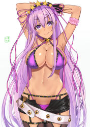 Rule 34 | 1girl, :p, arm scrunchie, armpits, arms up, bb (fate), bb (fate) (all), bb (swimsuit mooncancer) (fate), bb (swimsuit mooncancer) (second ascension) (fate), belt, bikini, black gloves, black hairband, black pants, breasts, cleavage, fate/grand order, fate (series), fingerless gloves, garter straps, gloves, gyaru, hair between eyes, hairband, highres, kogal, large breasts, linea alba, long hair, micro shorts, muka tsuku, nail polish, navel, pants, pink nails, purple bikini, purple eyes, purple hair, purple ribbon, ribbon, shorts, smile, solo, standing, star (symbol), swimsuit, tongue, tongue out, unzipped, very long hair