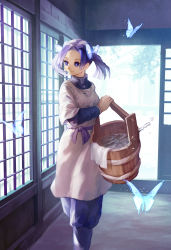 Rule 34 | 1girl, absurdres, apron, backlighting, bucket, bug, butterfly, butterfly hair ornament, carrying, commentary request, hair ornament, highres, indoors, insect, kanzaki aoi (kimetsu no yaiba), kimetsu no yaiba, kokorin, light particles, looking to the side, parted bangs, purple eyes, purple hair, solo, sunlight, tree, twintails, walking, water