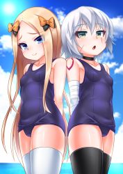 Rule 34 | 2girls, abigail williams (fate), bandaged arm, bandages, bare shoulders, black bow, black legwear, blonde hair, blue eyes, blue one-piece swimsuit, blue sky, blurry, blurry background, blush, bow, breasts, closed mouth, cloud, collarbone, commentary request, day, depth of field, facial scar, fate/grand order, fate (series), forehead, green eyes, hair between eyes, hair bow, highres, horizon, jack the ripper (fate/apocrypha), kirisame mia, long hair, multiple girls, ocean, old school swimsuit, one-piece swimsuit, orange bow, outdoors, parted bangs, parted lips, polka dot, polka dot bow, scar, scar across eye, scar on cheek, scar on face, school swimsuit, shoulder tattoo, silver hair, sky, small breasts, smile, swimsuit, tattoo, thighhighs, very long hair, water, white legwear