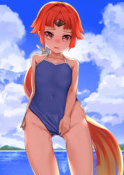 Rule 34 | 1girl, benienma (fate), clothes pull, cloud, day, fate/grand order, fate (series), hank10111213, long hair, looking at viewer, low ponytail, mountain, ocean, one-piece swimsuit, one-piece swimsuit pull, open mouth, ponytail, red eyes, red hair, school swimsuit, solo, swimsuit, very long hair