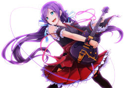 Rule 34 | 10s, 1girl, breasts, dararito, detached sleeves, electric guitar, green eyes, guitar, instrument, japanese clothes, long hair, love live!, love live! school idol festival, love live! school idol project, medium breasts, open mouth, purple hair, simple background, smile, solo, thighhighs, tojo nozomi, twintails, very long hair