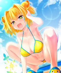 Rule 34 | + +, 1girl, :d, bikini, blonde hair, blue eyes, blue footwear, blue hair, blue sky, bombergirl, breasts, cloud, commentary request, day, double bun, fangs, highres, huge breasts, looking at viewer, multicolored hair, navel, open mouth, outdoors, pine (bombergirl), short hair, sky, smile, solo, squatting, swimsuit, tail, two-tone hair, watarui, yellow bikini