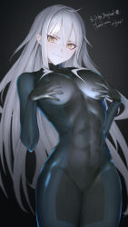 Rule 34 | 1girl, bodysuit, breasts, closed mouth, commentary, commission, covered navel, cowboy shot, eigo ichii, english text, gloves, grey background, hair between eyes, hands on own breasts, highres, large breasts, long hair, original, sidelocks, simple background, skeb commission, skin tight, smile, solo, standing, thigh gap, white hair, yellow eyes