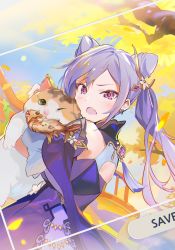 Rule 34 | 1girl, :o, animal, autumn leaves, blush, calico, cat, collared dress, commentary, cone hair bun, detached sleeves, dress, earrings, fang, fish, flower, genshin impact, hair bun, hair flower, hair ornament, highres, holding, holding animal, holding cat, jewelry, keqing (genshin impact), leaf, long hair, looking at viewer, naye, outdoors, purple dress, purple eyes, purple hair, skin fang, solo, tree, twintails, vision (genshin impact)
