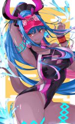 Rule 34 | 1girl, absurdres, arm behind head, arm up, armpits, bare shoulders, black one-piece swimsuit, blue hair, blush, body markings, bracelet, breasts, chankuro, cleavage, collarbone, colored skin, covered navel, dark-skinned female, dark skin, earrings, fate/grand order, fate (series), forked tongue, grey skin, hair between eyes, hat, highleg, highleg swimsuit, highres, horns, ibuki douji (fate), ibuki douji (swimsuit berserker) (fate), ibuki douji (swimsuit berserker) (first ascension) (fate), jewelry, large breasts, long hair, looking at viewer, multicolored hair, one-piece swimsuit, oni, oni horns, pink hair, pink hat, pink one-piece swimsuit, pointy ears, ponytail, red eyes, sidelocks, smile, swimsuit, tail, thigh strap, thighs, tongue, tongue out, two-tone swimsuit, visor cap, water, wet, whistle, wristband