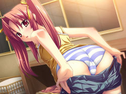 Rule 34 | 1girl, blush, game cg, kantaka, looking back, matsunami ayano, miko-san to issho!, panties, red eyes, red hair, solo, striped clothes, striped panties, twintails, underwear, undressing