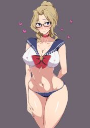 Rule 34 | 10s, 1girl, alternate hairstyle, arm behind head, bespectacled, bishoujo senshi sailor moon, black-framed eyewear, blonde hair, blue eyes, blue panties, blue sailor collar, blush, bow, bra, breasts, choker, cleavage, closed mouth, comic, cosplay, cowboy shot, girls und panzer, glasses, grey background, hair intakes, hair up, heart, highres, kay (girls und panzer), large breasts, looking at viewer, mordeth, navel, panties, red bow, sailor collar, sailor moon, sailor moon (cosplay), scrunchie, short hair, short ponytail, simple background, smile, solo, standing, stomach, underwear, underwear only, white bra