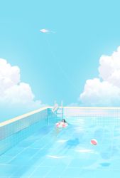 Rule 34 | 1girl, ball, beachball, black hair, blue sky, closed mouth, cloud, commentary request, highres, innertube, kite, ladder, long hair, mige shijiu, original, partially submerged, pool, scenery, shadow, sky, smile, solo, sunglasses, swim ring, water