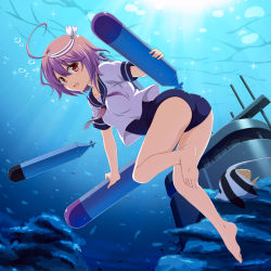Rule 34 | 1girl, :d, absurdres, ahoge, barefoot, bubble, commentary request, feet, fish, hair ornament, highres, i-58 (kancolle), ishida seito, kantai collection, legs, looking at viewer, moorish idol, neckerchief, one-piece swimsuit, open mouth, pink hair, red eyes, sailor collar, school swimsuit, school uniform, serafuku, short hair, smile, soles, solo, swimsuit, swimsuit under clothes, torpedo, tropical fish, type 95 torpedo, underwater, water