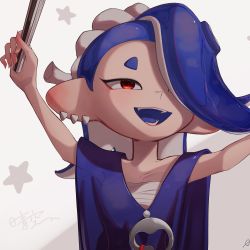 Rule 34 | 1girl, arms up, blue hair, chest sarashi, grey background, ha r a k, hair over one eye, hand fan, highres, nintendo, octoling, octoling player character, open mouth, paper fan, poncho, red eyes, sarashi, shiver (splatoon), smile, solo, splatoon (series), splatoon 3, tentacle hair