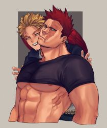 Rule 34 | 2boys, abs, bara, bare pectorals, black shirt, blonde hair, blue eyes, boku no hero academia, couple, cropped shirt, cropped torso, endeavor (boku no hero academia), facial hair, feathered wings, hawks (boku no hero academia), head tilt, large pectorals, male focus, mature male, meme, multiple boys, multiple drawing challenge, muscular, muscular male, nipple slip, nipples, one eye closed, pectorals, red hair, red wings, scar, scar across eye, scar on face, shirt, shirt cut meme, shirt cut meme, short hair, short sleeves, sideburns, smile, spiked hair, stomach, stubble, viol vrt, wings, yaoi