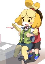 Rule 34 | 1girl, animal crossing, animal ears, animal nose, black shorts, blonde hair, blue skirt, blush, blush stickers, body fur, grabbing another&#039;s breast, brown hair, check commentary, commentary request, dog ears, dog girl, furry, furry female, grabbing, green socks, highres, isabelle (animal crossing), kiori nezumi, legs, nintendo, open mouth, pen, plaid, red ribbon, red shirt, ribbon, shirt, short hair, shorts, simple background, sitting, skirt, socks, swivel chair, topknot, villager (animal crossing), white background, yellow fur