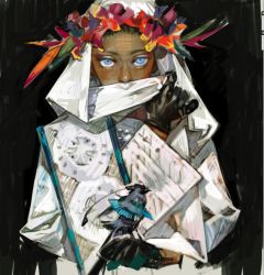 Rule 34 | 1other, ambiguous gender, androgynous, bird, bird on hand, black gloves, blue eyes, covering own mouth, dark skin, eyeshadow, flower, gloves, head wreath, looking at viewer, makeup, mascara, nishihara isao, original, sketch, solo