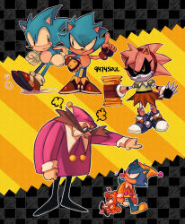 Rule 34 | 1girl, 3boys, 9474s0ul, alternate universe, amy rose, angry, animal ears, black eyes, checkered background, clenched hands, clenched teeth, closed mouth, commentary, doll, dr. eggman, english commentary, facial hair, fingerless gloves, full body, furry, furry male, gloves, green eyes, green shirt, grin, hat, highres, holding, holding doll, index finger raised, long sleeves, looking at another, metal sonic, multiple boys, mustache, nightcap, orange skirt, pajamas, toy hammer, pink headwear, pink shirt, pointing, red footwear, robot, shirt, shoes, skirt, smile, sonic (series), sonic the hedgehog, sonic the hedgehog (classic), standing, tails doll, teeth, tongue, tongue out, white gloves, yellow headwear, yellow shirt