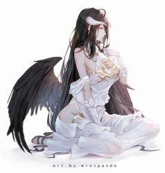 Rule 34 | 1girl, albedo (overlord), artist name, bare shoulders, between legs, black hair, black wings, breasts, brown eyes, brown footwear, cleavage, closed mouth, commentary, dress, elbow gloves, erospanda, feathered wings, full body, gloves, groin, hand between legs, hand up, high heels, highres, horns, large breasts, long hair, overlord (maruyama), profile, revision, sandals, shoes, simple background, sitting, solo, very long hair, wariza, white background, white dress, white gloves, wings