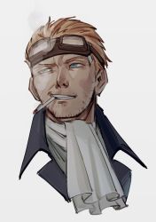 Rule 34 | 1boy, ascot, blonde hair, blue eyes, cid highwind, cigarette, collared jacket, facial hair, final fantasy, final fantasy vii, goggles, goggles on head, jacket, oimo (oimkimn), portrait, smoking, solo, square enix, stubble, white background