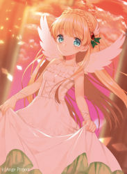 Rule 34 | 10s, 1girl, ange vierge, blonde hair, blue eyes, clothes lift, dress, dutch angle, hair ornament, long hair, looking at viewer, midorikawa you, original, skirt, skirt lift, solo, twilight, white dress, white wings, wind, wings, wrist cuffs