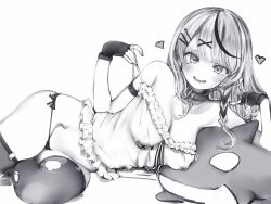 Rule 34 | 1girl, arm strap, bare shoulders, belt collar, blush, braid, breasts, camisole, collar, fingerless gloves, gloves, greyscale, groin, hair ornament, hairclip, hand in own hair, heart, heart hair ornament, highres, hololive, large breasts, long hair, looking at viewer, lying, monochrome, multicolored hair, nanashi (nlo), no pants, o-ring, o-ring legwear, on side, panties, sakamata chloe, sakamata chloe (1st costume), side-tie panties, side braid, single braid, solo, strap pull, strap slip, streaked hair, string panties, stuffed orca, thighhighs, torn clothes, torn thighhighs, two-tone hair, underwear, virtual youtuber, x hair ornament