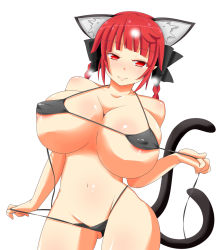 Rule 34 | 1girl, animal ears, bikini, braid, breasts, cat ears, cat tail, contrapposto, heart, heart tail, highres, himenomikan, huge breasts, kaenbyou rin, multiple tails, nekomata, red eyes, red hair, solo, swimsuit, tail, touhou, twin braids, two tails