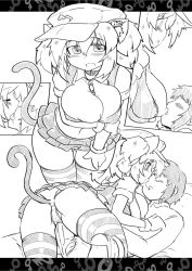 Rule 34 | 1boy, 1girl, alternate costume, animal ears, ass, blush, boots, breast sucking, breast sucking through clothes, breasts, breasts squeezed together, bulge, cabbie hat, cameltoe, cat ears, cat tail, clothed sex, comic, dry humping, erection, erection under clothes, faceless, faceless male, fake animal ears, fake tail, french kiss, girl on top, greyscale, hanging breasts, hat, hetero, humping, kawashiro nitori, kiss, large breasts, looking at viewer, microskirt, monochrome, okiraku nikku, open mouth, panties, pantyshot, pov, short hair, skirt, striped clothes, striped thighhighs, tail, thighhighs, thighs, tongue, touhou, two side up, underwear, upskirt
