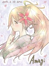 Rule 34 | 10s, 1girl, amagi (kancolle), bitou (bitoumaturi), brown hair, dated, finger to mouth, flower, flower on head, from side, hair between eyes, hair flower, hair ornament, japanese clothes, kantai collection, long hair, looking at viewer, mole, mole under eye, ponytail, solo