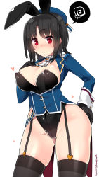 Rule 34 | 10s, 1girl, 2015, animal ears, bad id, bad pixiv id, beret, black gloves, black hair, blush, breasts, cleavage, covered erect nipples, cowboy shot, dated, fake animal ears, garter straps, gloves, groin, hand on own hip, hand on own chest, hat, heart, highres, kantai collection, kuro chairo no neko, large breasts, leotard, looking at viewer, military, military uniform, playboy bunny, rabbit ears, red eyes, short hair, solo, takao (kancolle), thighhighs, twitter username, uniform