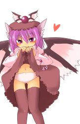 Rule 34 | 1girl, :p, absurdres, animal ears, bad id, bad pixiv id, brown thighhighs, clothes lift, dress, dress lift, female focus, fingernails, hat, heart, highres, long fingernails, mystia lorelei, nail, navel, ogihara mach, panties, pink hair, purple eyes, solo, thighhighs, tongue, tongue out, touhou, underwear, white background, white panties, wings