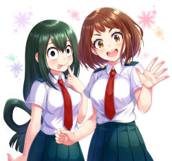 Rule 34 | 10s, 2girls, :d, :p, asui tsuyu, bad id, bad pixiv id, blush, boku no hero academia, breasts, brown eyes, clenched hand, collared shirt, finger to mouth, floral print, green eyes, green hair, hair rings, highres, large breasts, looking at viewer, medium breasts, megiha, multiple girls, necktie, open mouth, school uniform, shirt, short sleeves, simple background, skirt, smile, tongue, tongue out, uraraka ochako, waving, white background