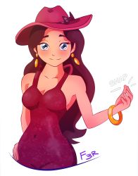 Rule 34 | 1girl, absurdres, bare shoulders, blue eyes, bow, breasts, brown hair, cleavage, donkey kong (series), dress, earrings, grin, hand on own hip, hand up, hat, highres, jewelry, long hair, looking at viewer, mario (series), mayor, medium breasts, navel, nintendo, pauline, pauline (mario), red dress, smile, snapping fingers, solo, super mario odyssey, upper body