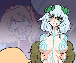 Rule 34 | 2girls, :p, absurdres, blonde hair, bodypaint, borrowed character, breasts, celtic, centurii-chan, centurii-chan (artist), coat, collarbone, colored eyelashes, commentary, english commentary, english text, exhibitionism, female pervert, fur-trimmed coat, fur trim, green eyes, highres, leaf, leaf on head, medium breasts, medium hair, multiple girls, navel, no bra, nude, open clothes, open coat, open mouth, original, out-of-frame censoring, pervert, public indecency, short hair, simple background, smile, teeth, tongue, tongue out, topless, white hair