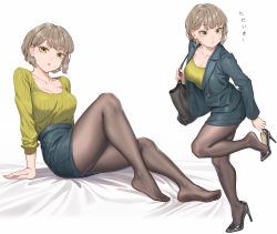 Rule 34 | 1girl, bag, bed sheet, black footwear, black pantyhose, breasts, brown hair, cleavage, commentary request, fangxiang cuoluan, fashion, feet, formal, green skirt, handbag, high heels, highres, large breasts, miniskirt, multiple views, no shoes, office lady, original, pantyhose, pencil skirt, ribbed sweater, shirt tucked in, shoe dangle, short hair, simple background, sitting, skirt, skirt suit, soles, suit, sweater, toes, translation request, white background, yellow eyes