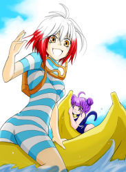 Rule 34 | 2girls, ahoge, alternate costume, banana, bell, breasts, brown eyes, food, fruit, multicolored hair, multiple girls, open mouth, pascal (tales), pascal (tales), purple eyes, purple hair, sophie (tales), swimsuit, tail, tales of (series), tales of graces