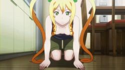Rule 34 | 1girl, all fours, animated, animated gif, bare shoulders, bent over, blonde hair, chair, collarbone, crop top, downblouse, exercising, female focus, flat chest, green eyes, hair between eyes, hair bobbles, hair ornament, himegami kodama, indoors, kitchen, legs, long hair, looking at viewer, maken-ki!, nipples, no bra, on floor, pov, shadow, shorts, sidelocks, solo, table, takami akio, twintails, very long hair, wooden floor