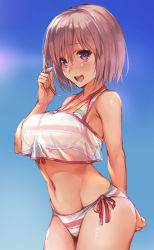 Rule 34 | 1girl, bare shoulders, bikini, blush, breasts, cleavage, collarbone, fate/grand order, fate (series), fumikiri, hair over one eye, highres, large breasts, light purple hair, looking at viewer, mash kyrielight, mash kyrielight (swimsuit of perpetual summer ver.02), multicolored bikini, multicolored clothes, navel, official alternate costume, open mouth, purple eyes, rainbow bikini, see-through, short hair, smile, solo, swimsuit, thighs