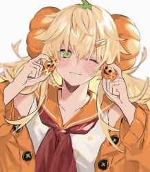 Rule 34 | 1girl, aogisa, bad id, bad pixiv id, blonde hair, blush, closed mouth, collarbone, food-themed hair ornament, girls&#039; frontline, green eyes, hair between eyes, hair ornament, halloween, halloween costume, highres, long hair, looking at viewer, necktie, official alternate costume, one eye closed, pumpkin, pumpkin hair ornament, red necktie, s.a.t.8 (girls&#039; frontline), s.a.t.8 (pumpkin skewers) (girls&#039; frontline), shirt, solo