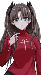 Rule 34 | 1girl, absurdres, aibaariu, black bow, blue eyes, bow, brown hair, closed mouth, fate/stay night, fate (series), frown, hair between eyes, hair bow, twirling hair, highres, long hair, long sleeves, looking at viewer, red sweater, simple background, solo, standing, sweater, tohsaka rin, turtleneck, turtleneck sweater, twintails, upper body, very long hair, white background