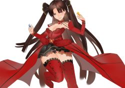 Rule 34 | 1girl, aonogura, breasts, brown eyes, brown hair, craft essence (fate), detached sleeves, earrings, fate/grand order, fate (series), tohsaka rin (formalcraft), gem, highres, jewelry, looking at viewer, medium breasts, miniskirt, skirt, smile, solo, thighhighs, thighs, tohsaka rin, twintails, two side up, waist cape, white background