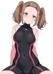 Rule 34 | 1girl, arms behind back, black bodysuit, bodysuit, breasts, brown hair, closed mouth, commentary request, covered navel, forehead, green eyes, highres, kamidan, looking at viewer, medium breasts, shania (xenoblade), short hair, simple background, sleeveless, sleeveless bodysuit, solo, twintails, white background, xenoblade chronicles (series), xenoblade chronicles 3