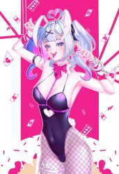 Rule 34 | 1girl, absurdres, ahoge, animal ears, arm belt, black leotard, blue eyes, blue hair, bow, bowtie, card, clothing cutout, colored inner hair, cuffs, detached collar, facial mark, fake animal ears, fishnet pantyhose, fishnets, hair ornament, hairband, handcuffs, hatsune miku, heart, heart ahoge, heart cutout, highres, leotard, looking at viewer, mats kuro, multicolored hair, pantyhose, pink hair, playboy bunny, playing card, pure pure (rabbit hole), rabbit ears, rabbit hole (vocaloid), rabbit tail, red nails, smile, solo, tail, teardrop facial mark, tongue, tongue out, twintails, white hair, x hair ornament