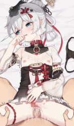 Rule 34 | 1boy, 1girl, belt collar, black dress, black panties, blue eyes, censored, clothes pull, collar, commentary request, cum, cum in pussy, cum overflow, detached sleeves, dress, dress pull, earrings, flat chest, hair ornament, hairpin, hetero, highres, honkai (series), honkai impact 3rd, jewelry, looking to the side, mosaic censoring, nipples, no panties, open mouth, panties, penis, pov, pussy, red collar, sex, short hair, solo focus, tama (tamatamo), theresa apocalypse, trembling, underwear, unworn panties, vaginal, white hair