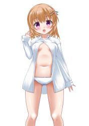 Rule 34 | 1girl, arm up, blush, breasts, brown hair, covered erect nipples, flower, gluteal fold, gochuumon wa usagi desu ka?, hair flower, hair ornament, hairclip, highres, hoto cocoa, kaze makase, looking at viewer, navel, no bra, open clothes, open mouth, panties, purple eyes, shirt, short hair, simple background, small breasts, solo, standing, underboob, underwear, white background, white panties