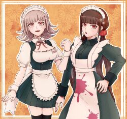 Rule 34 | 2girls, :d, alternate costume, alternate hair ornament, apron, black dress, black shirt, black thighhighs, breasts, brown eyes, brown hair, buttons, cleavage, collared dress, cowboy shot, danganronpa (series), danganronpa 2: goodbye despair, danganronpa v3: killing harmony, double-breasted, dress, enmaided, floral background, frilled apron, frills, galaga, hair ornament, hair scrunchie, hand up, harukawa maki, highres, juliet sleeves, kirin (suzoke 1), large breasts, long hair, long sleeves, looking at viewer, low twintails, maid, maid apron, maid headdress, medium hair, miniskirt, mole, mole under eye, multiple girls, nail polish, nanami chiaki, neck ribbon, open mouth, pleated skirt, puffy short sleeves, puffy sleeves, red nails, red scrunchie, ribbon, scrunchie, shirt, short sleeves, skirt, smile, standing, teeth, thighhighs, twintails, upper teeth only, wrist cuffs, zettai ryouiki