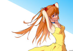 Rule 34 | 1girl, absurdres, arched back, armpits, bare arms, blue background, blue choker, blue eyes, breasts, brown hair, choker, cleavage, closed mouth, collarbone, dress, floating hair, hair between eyes, hermityy, highres, long hair, neon genesis evangelion, sketch, sleeveless, sleeveless dress, small breasts, solo, souryuu asuka langley, standing, sundress, two-tone background, very long hair, white background, yellow dress