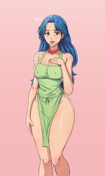 Rule 34 | 1girl, alternate hairstyle, animification, apron, blue hair, breasts, brown eyes, covered erect nipples, death tome, earrings, feet out of frame, green apron, highres, jewelry, large breasts, long hair, marge simpson, mature female, naked apron, necklace, no bra, no panties, open mouth, pelvic curtain, pink background, qthead, signature, simple background, solo, standing, the simpsons, thighs, treehouse of horror