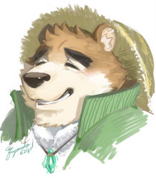 Rule 34 | 1boy, animal ears, animal nose, bear boy, bear ears, blush, brown fur, close-up, closed eyes, forked eyebrows, furry, furry male, fuyodo, green jacket, hat, jacket, jewelry, male focus, necklace, portrait, signature, smile, snout, solo, straw hat, thick eyebrows, tokyo houkago summoners, towel, towel around neck, volos (housamo), white background
