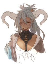Rule 34 | 1girl, breasts, closed mouth, commentary request, dark-skinned female, dark skin, fangs, fangs out, fediel (granblue fantasy), fediel (soul soother&#039;s finery) (granblue fantasy), glasses, granblue fantasy, grey hair, half-closed eyes, horns, large breasts, long hair, looking down, matsuo yuusuke, official alternate costume, ponytail, round eyewear, shaded face, simple background, sketch, solo, upper body, white background
